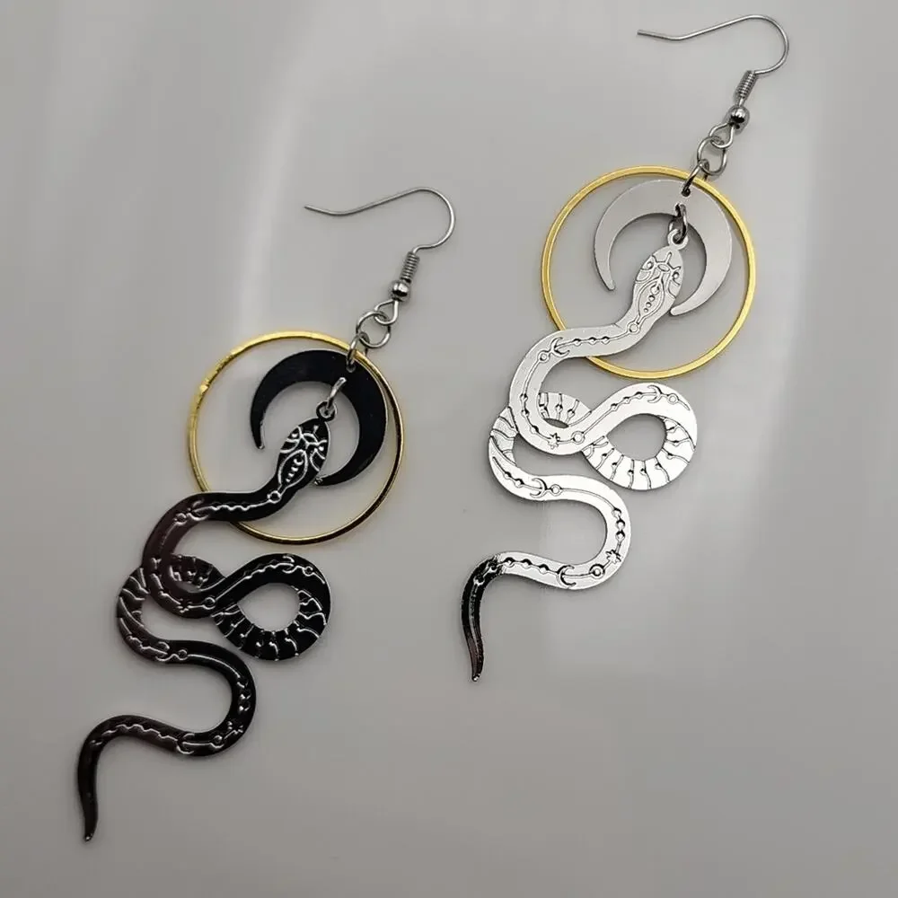 Celestial Serpent Moon Phase Snake Earrings - Picture 2 of 5